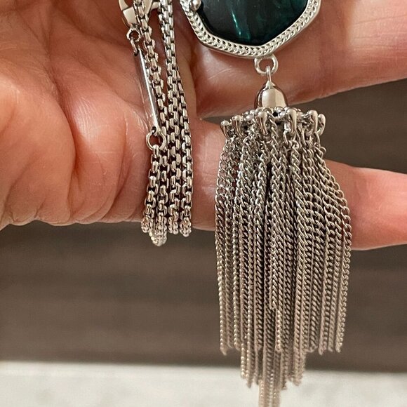 Kendra Scott Rayne Teal Tiger's Eye Silver Tone Tassel Pendant Necklace 30" - Picture 5 of 9